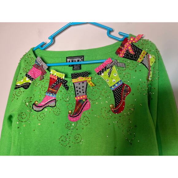 2000s Berek 2 Lime Green Ribbon Stockings Christmas Sparkle Maximalist Sweater M - Picture 4 of 7